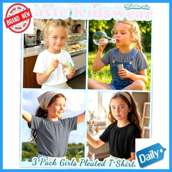 Girls Pleated T-Shirts 3 Pack Short Sleeve Summer Tops 5-14 Years